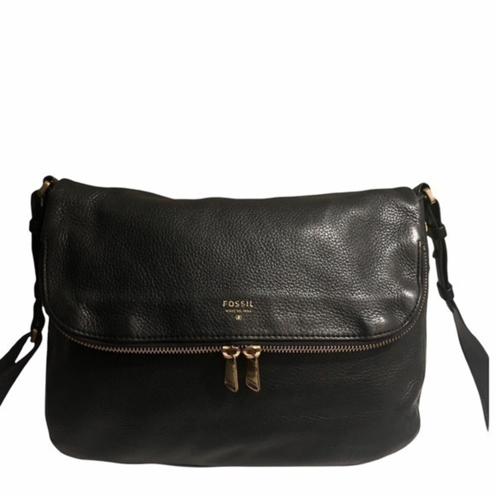 Fossil black leather fold over messenger bag
